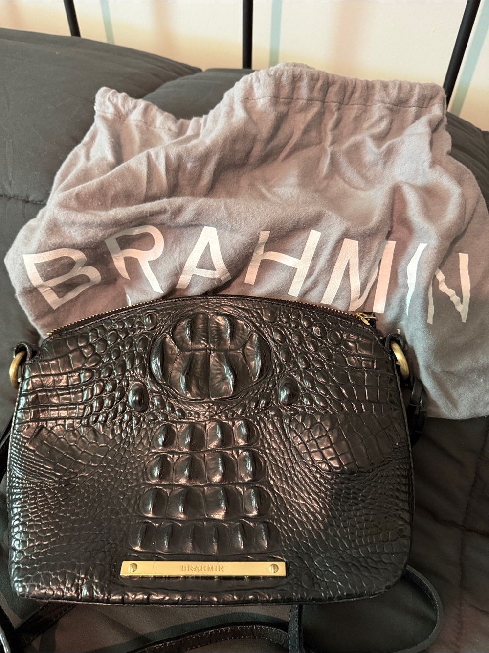 Brahmin Black Croc-Embossed Leather Crossbody with Gold Hardware